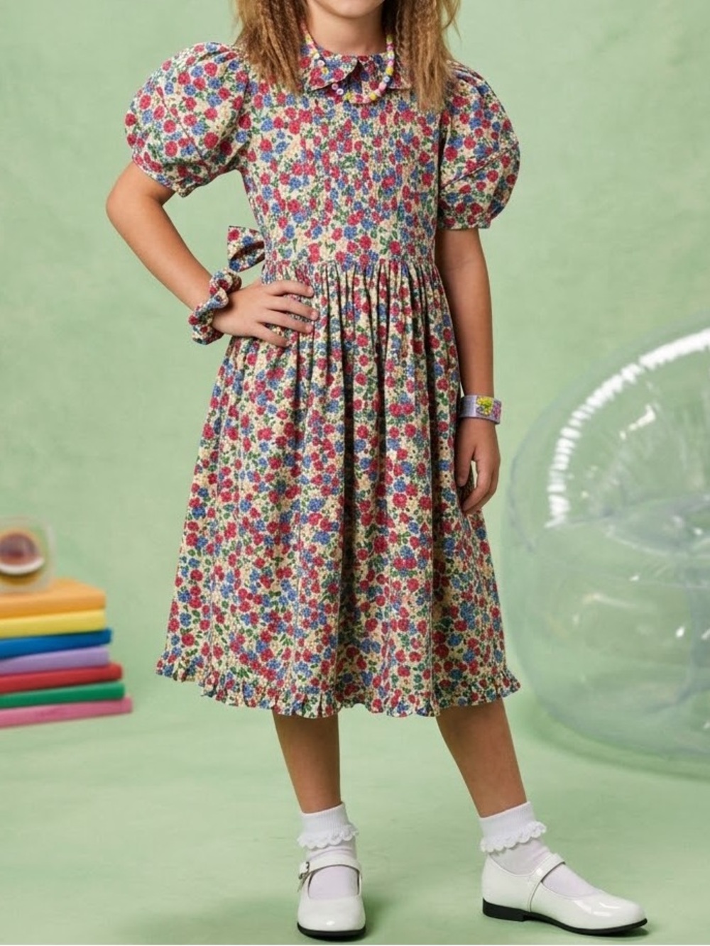 Vintage Mousefeathers Girls Floral Puff-Sleeve Casual Dress - Pink Multi